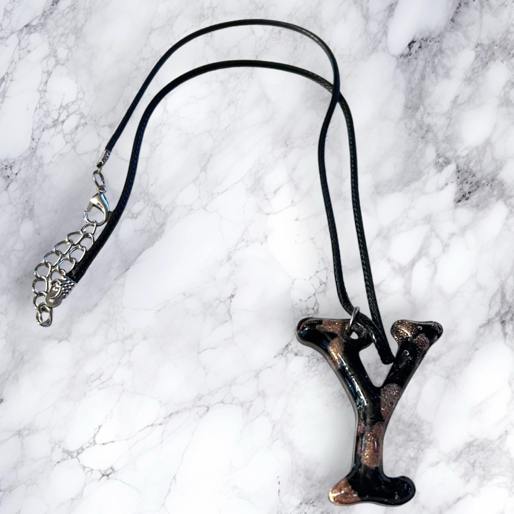 Hand Crafted Necklace Initials Letters Black Copper Glass - Picture 6 of 8
